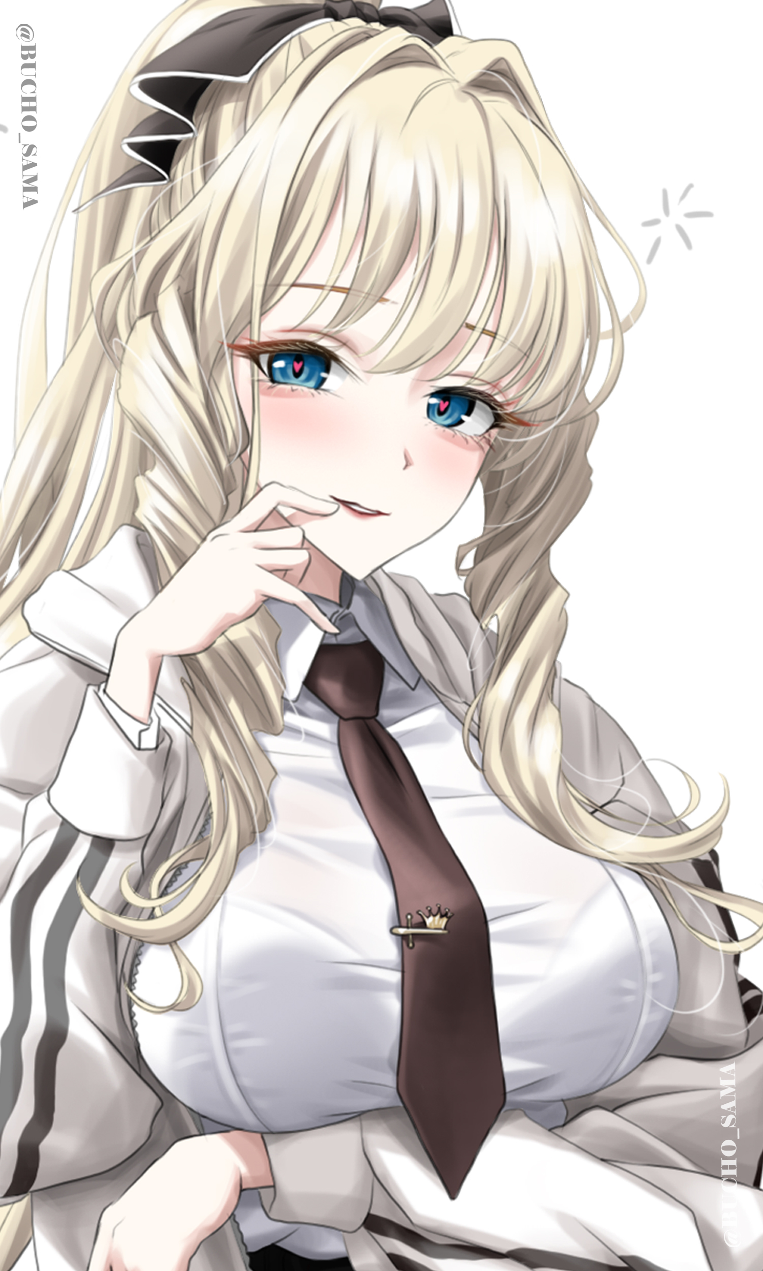 bucho sama, crown (nikke), goddess of victory: nikke, absurdres, highres, 1girl, alternate costume, blonde hair, blue eyes, blush, breasts, crown, drill hair, large breasts, long hair, long sleeves, looking at viewer, school uniform, shirt, smile, solo, too many drills, very long hair, white shirt