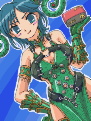 mele, juuken sentai gekiranger, mcdonald's, super sentai, lowres, animification, bare shoulders, blue eyes, burger, food, grin, oekaki, short hair, smile, tokusatsu