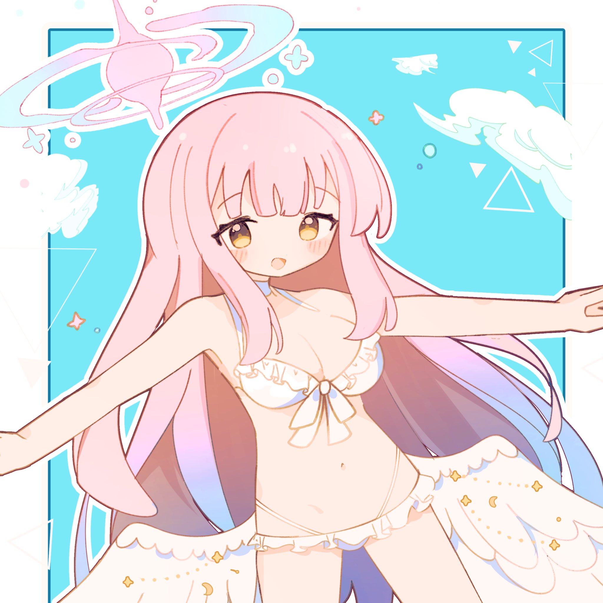 user wyxr8822, mika (blue archive), mika (swimsuit) (blue archive), blue archive, highres, 1girl, bikini, blush, breasts, choker, cross halo, feathered wings, frilled bikini, frills, gradient halo, halo, large breasts, long hair, looking at viewer, low wings, multicolored halo, official alternate costume, pink hair, pink halo, solo, swimsuit, white bikini, white choker, white wings, wings, yellow eyes, yellow visor