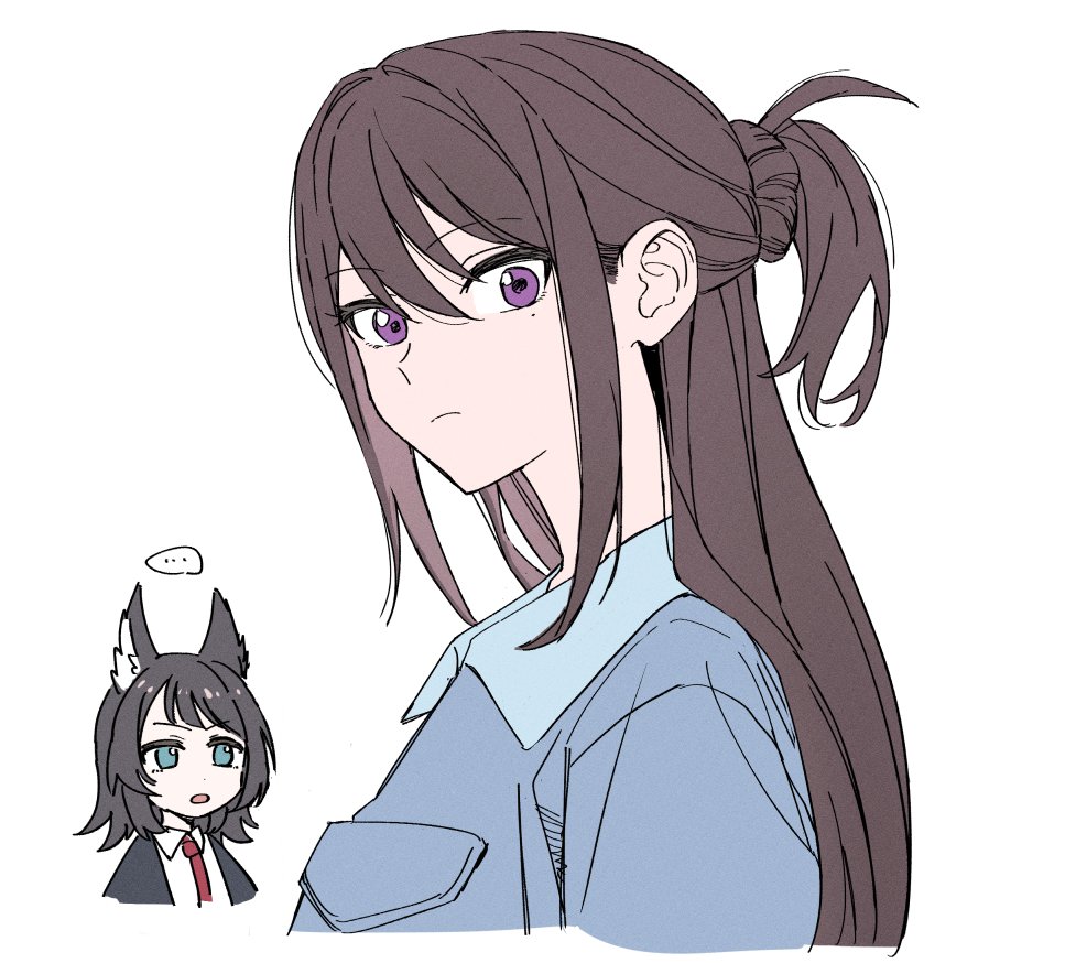 akni, shiina taki, yahata umiri, arknights, bang dream!, bang dream! it's mygo!!!!!, commentary request, korean commentary, …, 2girls, black hair, blue eyes, blue shirt, hair between eyes, half updo, long hair, medium hair, mole, mole under eye, multiple girls, necktie, open mouth, purple eyes, red necktie, shirt, sidelocks, simple background, spoken ellipsis, white background, white shirt, yahata umiri (moonlight executioner)