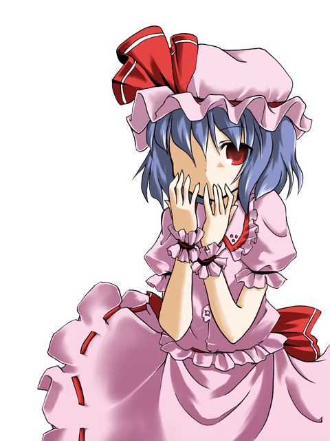 togashi yuu, remilia scarlet, touhou, 1girl, ;), blue hair, blush, comic, dress, female focus, frills, hat, looking at viewer, mob cap, one eye closed, pink dress, pink hat, puffy short sleeves, puffy sleeves, red eyes, short hair, short sleeves, simple background, smile, solo, white background, wrist cuffs