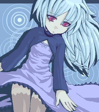 yin (darker than black), darker than black, lowres, 00s, 1girl, blue dress, dress, female focus, letterboxed, oekaki, outside border, pantyhose, ripples, solo