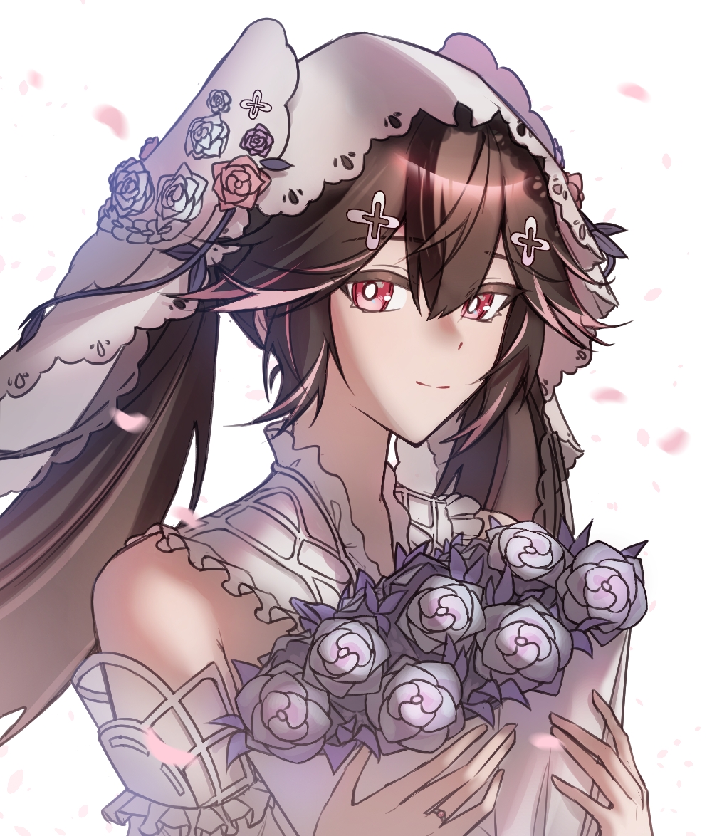 c0ffeenn, lucia: pyroath (love's dawn) (pgr), lucia (pgr), punishing: gray raven, 1girl, bare shoulders, black hair, bouquet, bridal veil, cross hair ornament, detached sleeves, dress, flower, flower hat, flower on head, hair ornament, holding, holding bouquet, jewelry, long hair, looking at viewer, official alternate costume, red eyes, red streaks, ring, smile, solo, twintails, veil, wedding dress, white dress, white veil