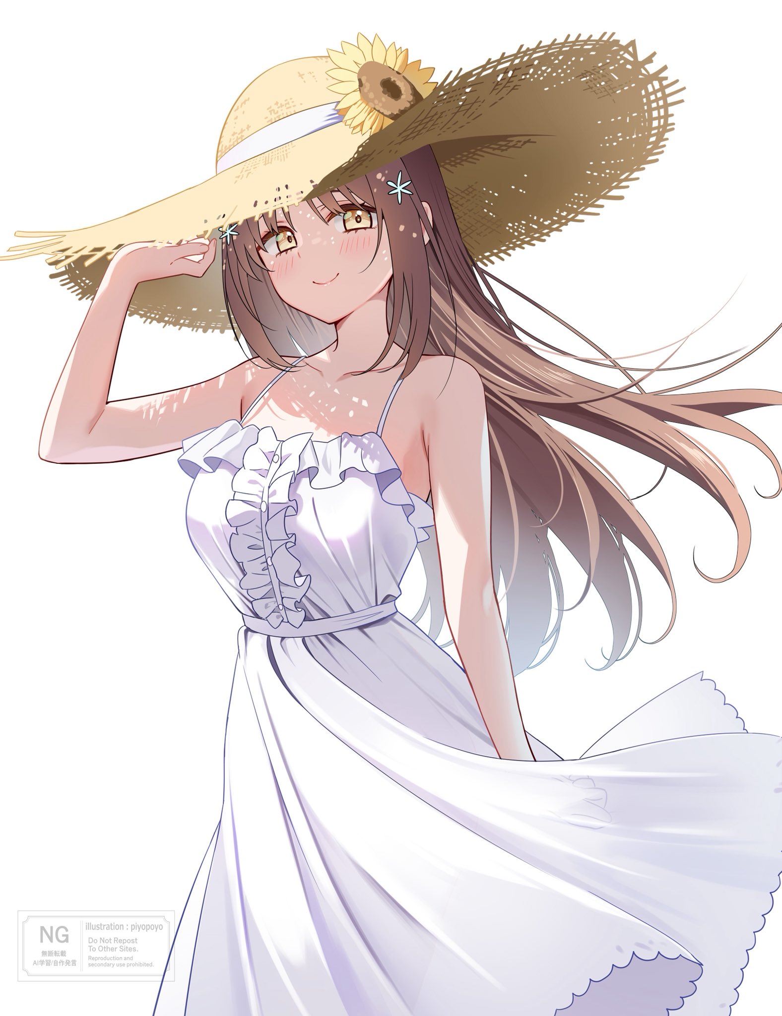 piyopoyo, original, highres, 1girl, bare shoulders, blush, breasts, brown eyes, brown hair, closed mouth, collarbone, dress, flower, hair ornament, hat, hat flower, long hair, looking at viewer, medium breasts, simple background, sleeveless, sleeveless dress, smile, solo, straw hat, sun hat, sundress, sunflower, white background, white dress, yellow eyes