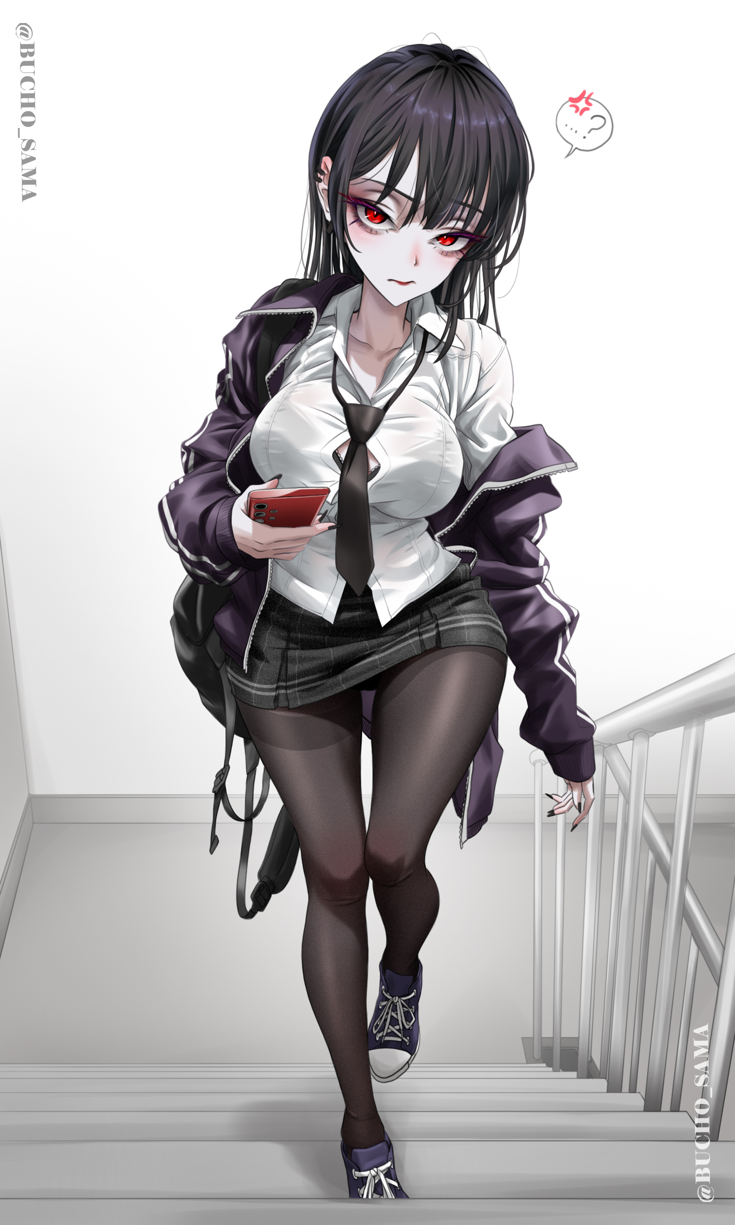 bucho sama, behemoth (nikke), goddess of victory: nikke, absurdres, highres, 1girl, alternate costume, black hair, black nails, breasts, ear piercing, jacket, long hair, looking at viewer, necktie, pantyhose, piercing, red eyes, school uniform, shirt, solo, white shirt