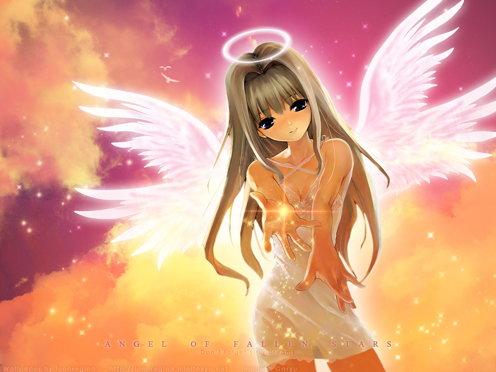 garyu (artist), shihira tatsuya, highres, md5 mismatch, 1girl, angel, angel wings, blue eyes, brown hair, cloud, female focus, halo, multiple wings, seraph, sky, solo, wings