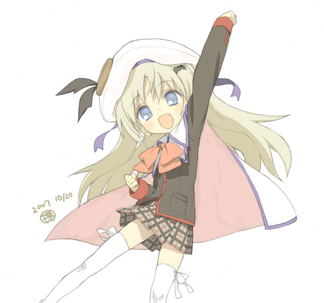 hakuto (artist), hiro (dismaless), noumi kudryavka, little busters!, silver hair, 1girl, blue eyes, bow, cape, fang, female focus, hat, long hair, open mouth, pink bow, plaid clothes, plaid skirt, school uniform, serafuku, skirt, solo, thighhighs, white thighhighs