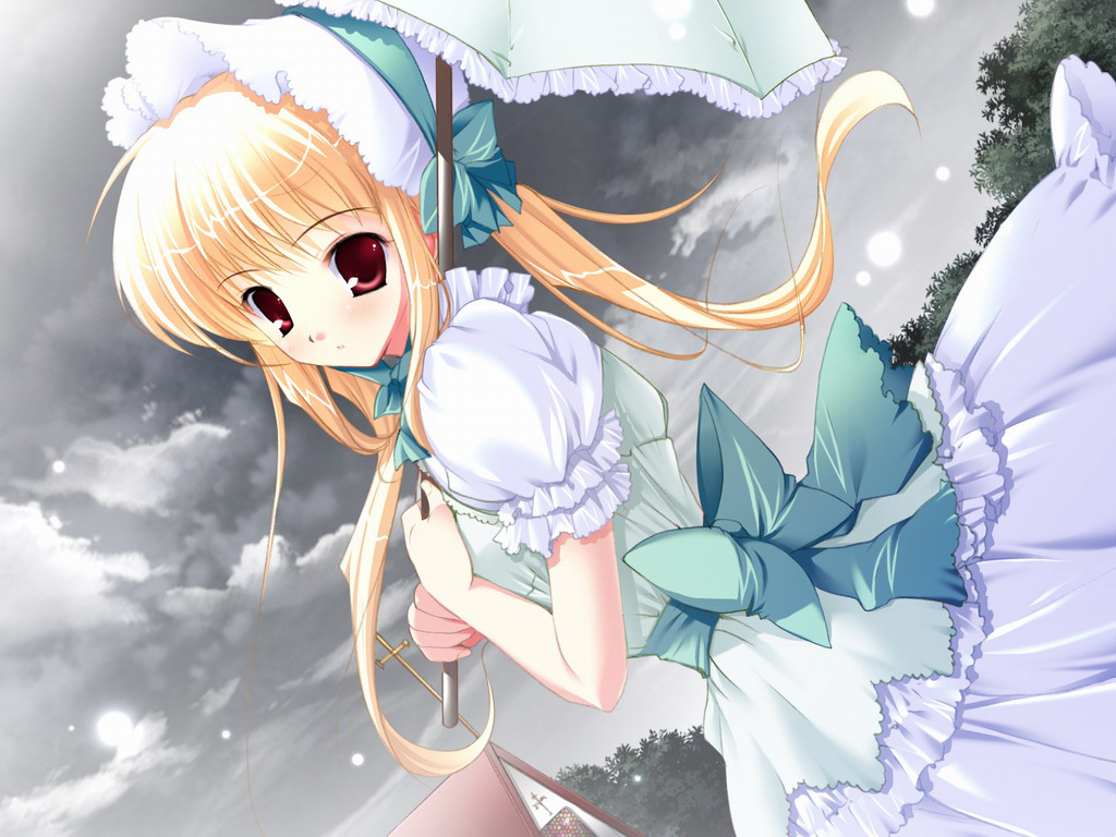 mikeou, 1girl, blonde hair, bonnet, church, cloud, dress, female focus, parasol, red eyes, solo, umbrella
