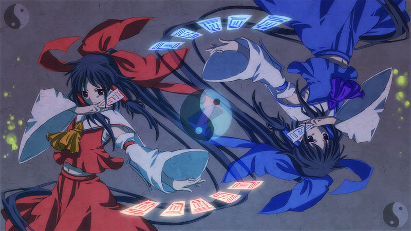 mimana, hakurei reimu, scarlet weather rhapsody, touhou, bad id, bad pixiv id, 1girl, alternate color, female focus, multiple views, navel, player 2, skirt