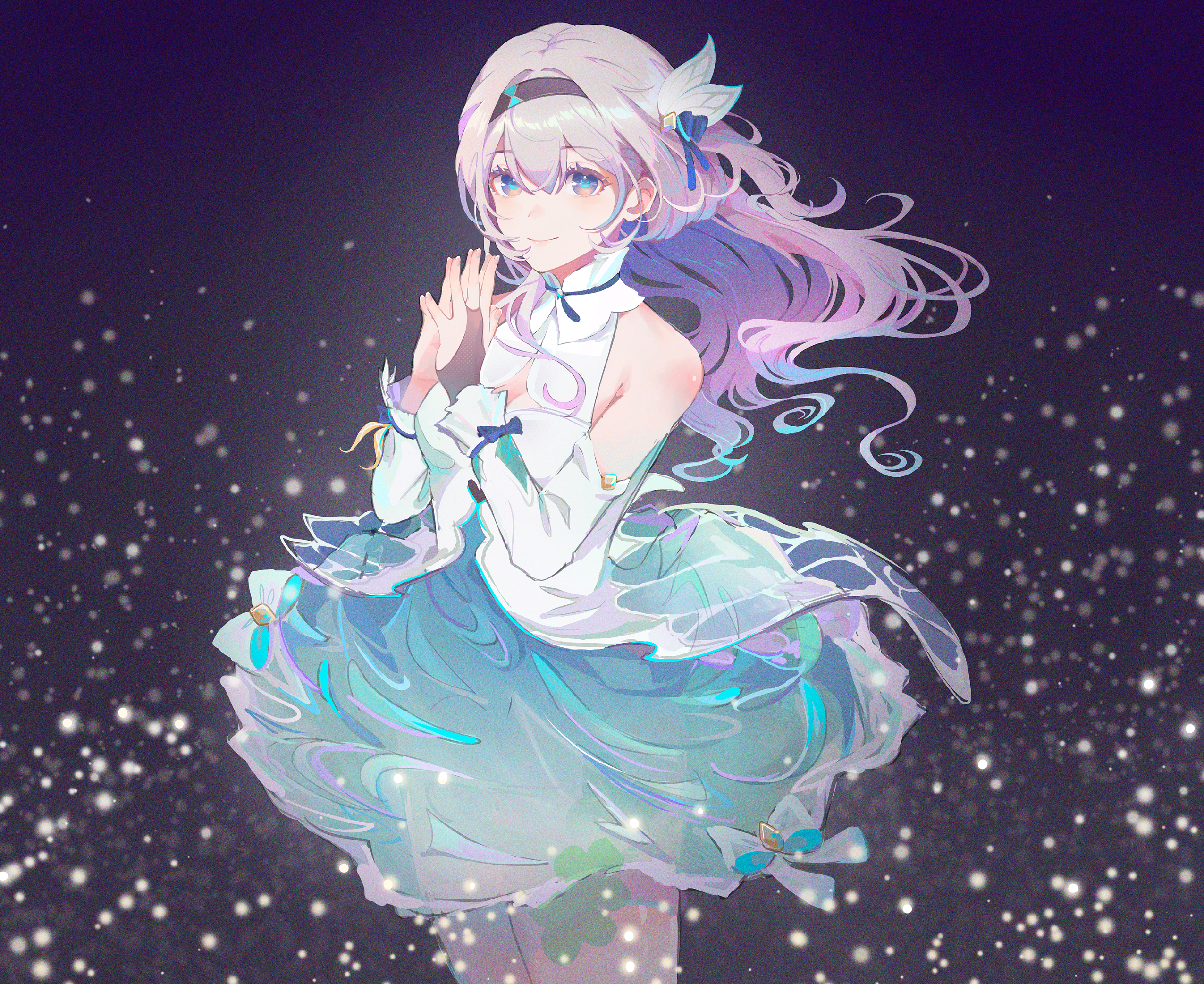ven juice, firefly (honkai: star rail), honkai: star rail, honkai (series), highres, 1girl, alternate hair color, black hairband, closed mouth, dress, gradient hair, green dress, green hair, grey hair, hair between eyes, hair ornament, hairband, long hair, looking at viewer, multicolored hair, pink eyes, pink hair, sleeveless, sleeveless dress, smile, solo