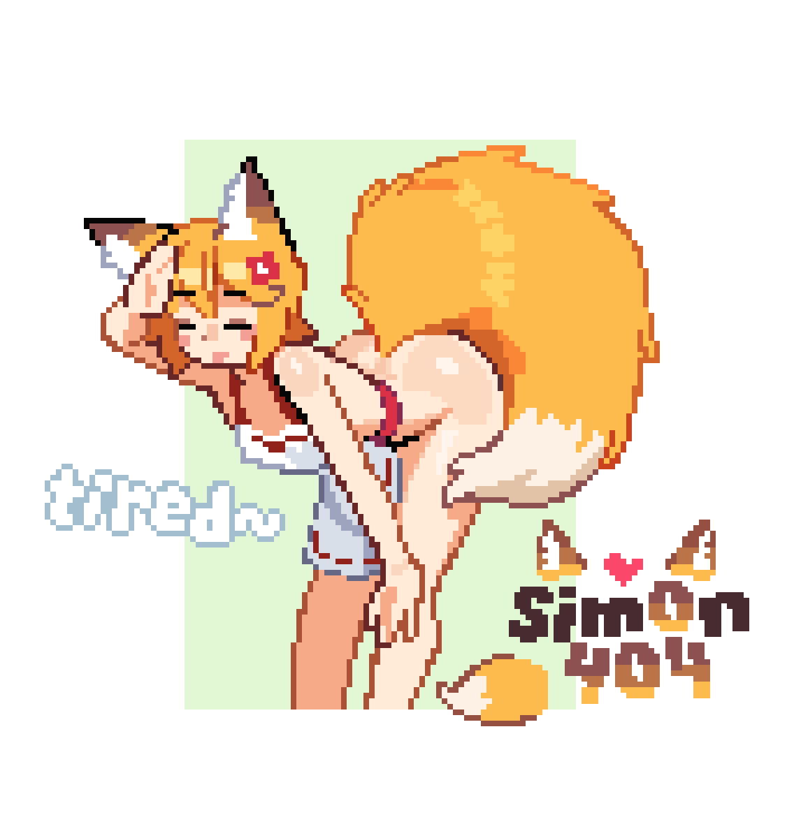 sim0n404, senko (sewayaki kitsune no senko-san), sewayaki kitsune no senko-san, commentary, english commentary, highres, 1girl, adapted costume, animal ears, apron, artist name, ass, bent over, blonde hair, closed eyes, english text, fox ears, fox girl, fox tail, hand on own knee, hand up, naked apron, short hair, simple background, solo, tail
