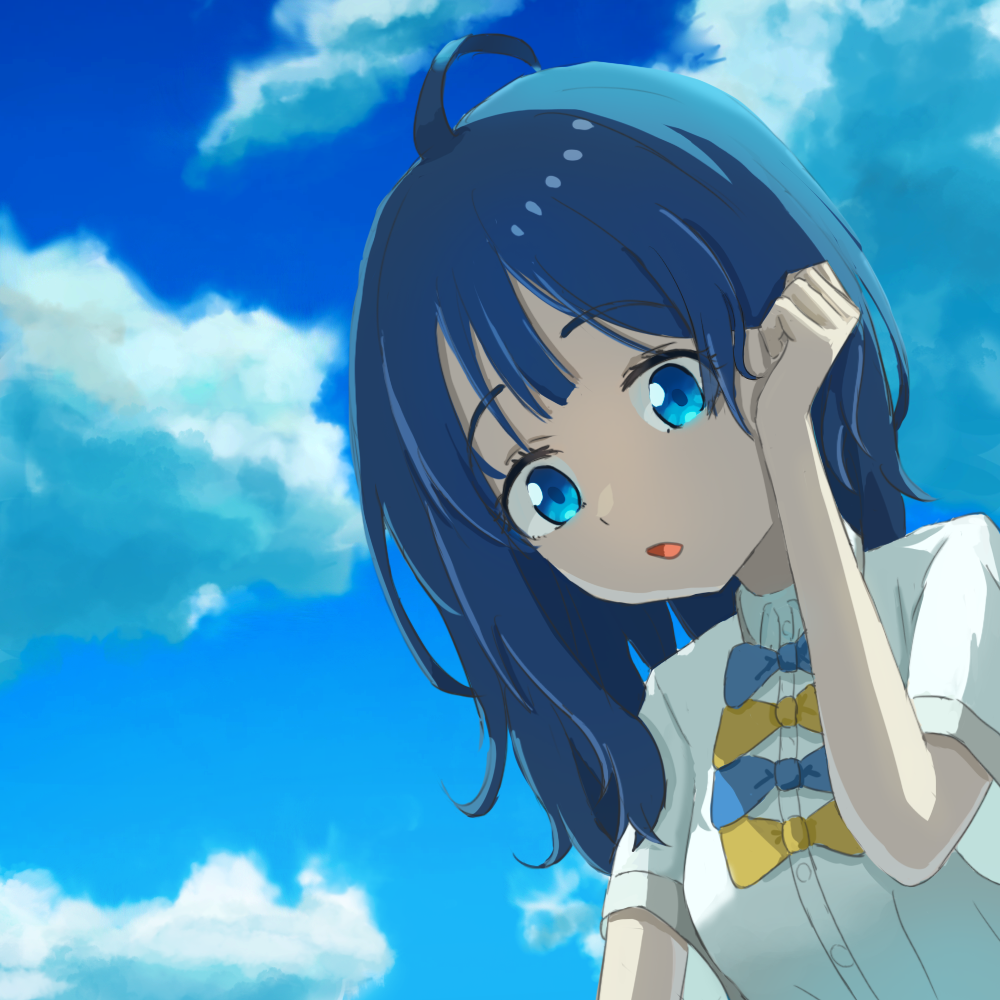 yanami anna, make heroine ga oo sugiru!, 1girl, ahoge, arm up, blue bow, blue eyes, blue hair, bow, cloud, kuriyan446 7, school uniform, shirt, sky, solo, white shirt, yellow bow