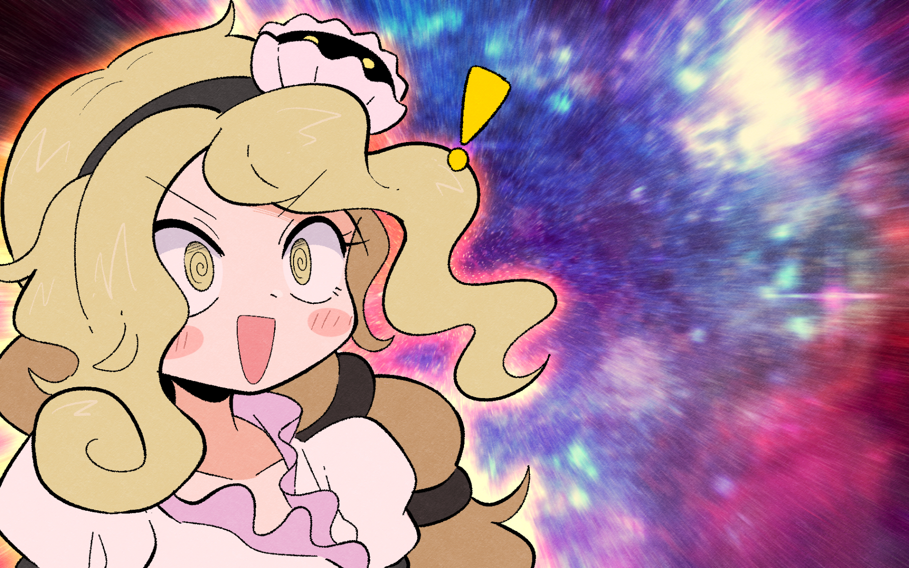 kurachi mizuki, watari nina, touhou, commentary request, highres, !, 1girl, @ @, black hairband, blush stickers, brown hair, collarbone, eyelashes, hairband, long hair, meme, motion blur, open mouth, shirt, solo, space cat (meme), very long hair, white shirt