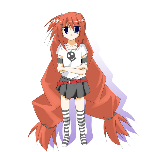 vita (nanoha), lyrical nanoha, mahou shoujo lyrical nanoha, mahou shoujo lyrical nanoha a's, non-web source, 00s, 1girl, blue eyes, female focus, long hair, red hair, shirt, socks, solo, striped clothes, striped socks, t-shirt, very long hair