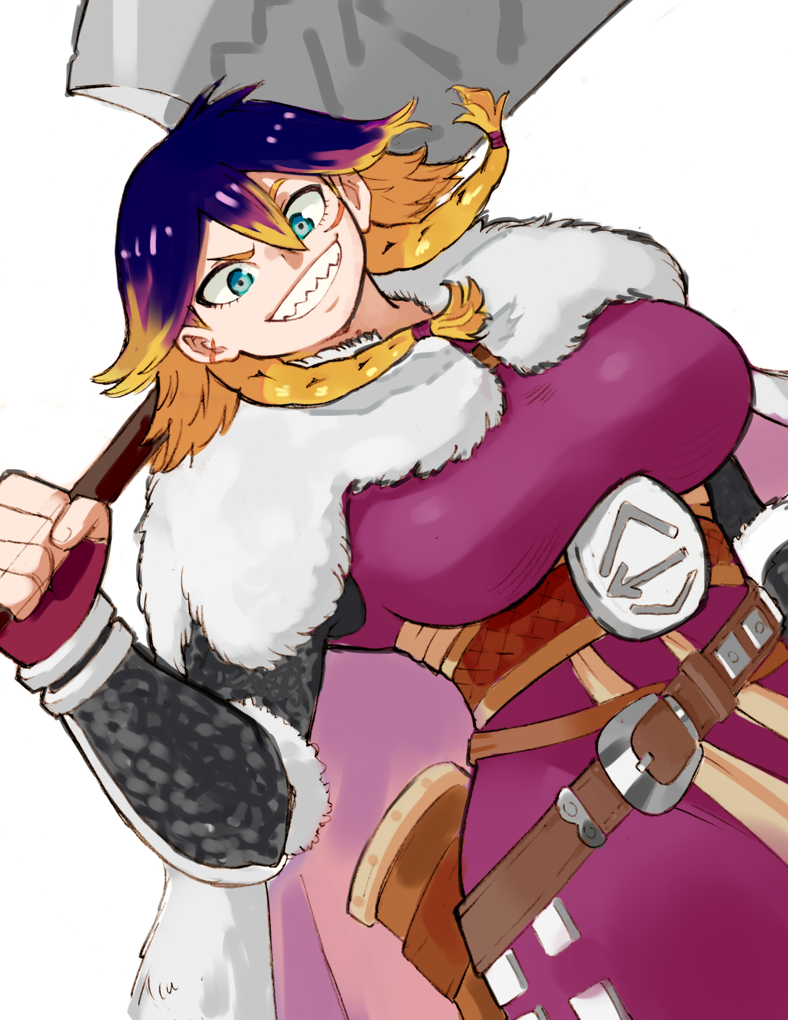 yokadokadon, tomoshibi no otr, absurdres, highres, 1girl, alajoki, axe, battle axe, belt, blue eyes, braid, breasts, brown belt, cape, clenched teeth, dress, dutch angle, fingerless gloves, fur cape, gloves, hair between eyes, holding, holding axe, large breasts, long hair, multicolored hair, orange hair, purple dress, purple gloves, purple hair, scar, scar on ear, scar on face, sharp teeth, simple background, solo, tall female, teeth, twin braids, two-tone hair, weapon, white background