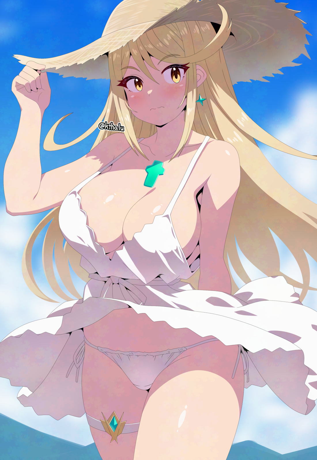 kihaiu, mythra (xenoblade), xenoblade chronicles (series), xenoblade chronicles 2, highres, 1girl, bare shoulders, blonde hair, blue sky, blush, breasts, cleavage, clothes lift, cowboy shot, dress, dress lift, hat, large breasts, long hair, panties, side-tie panties, sky, solo, spaghetti strap, straw hat, thigh strap, underwear, white dress, white panties, wind, wind lift, yellow eyes