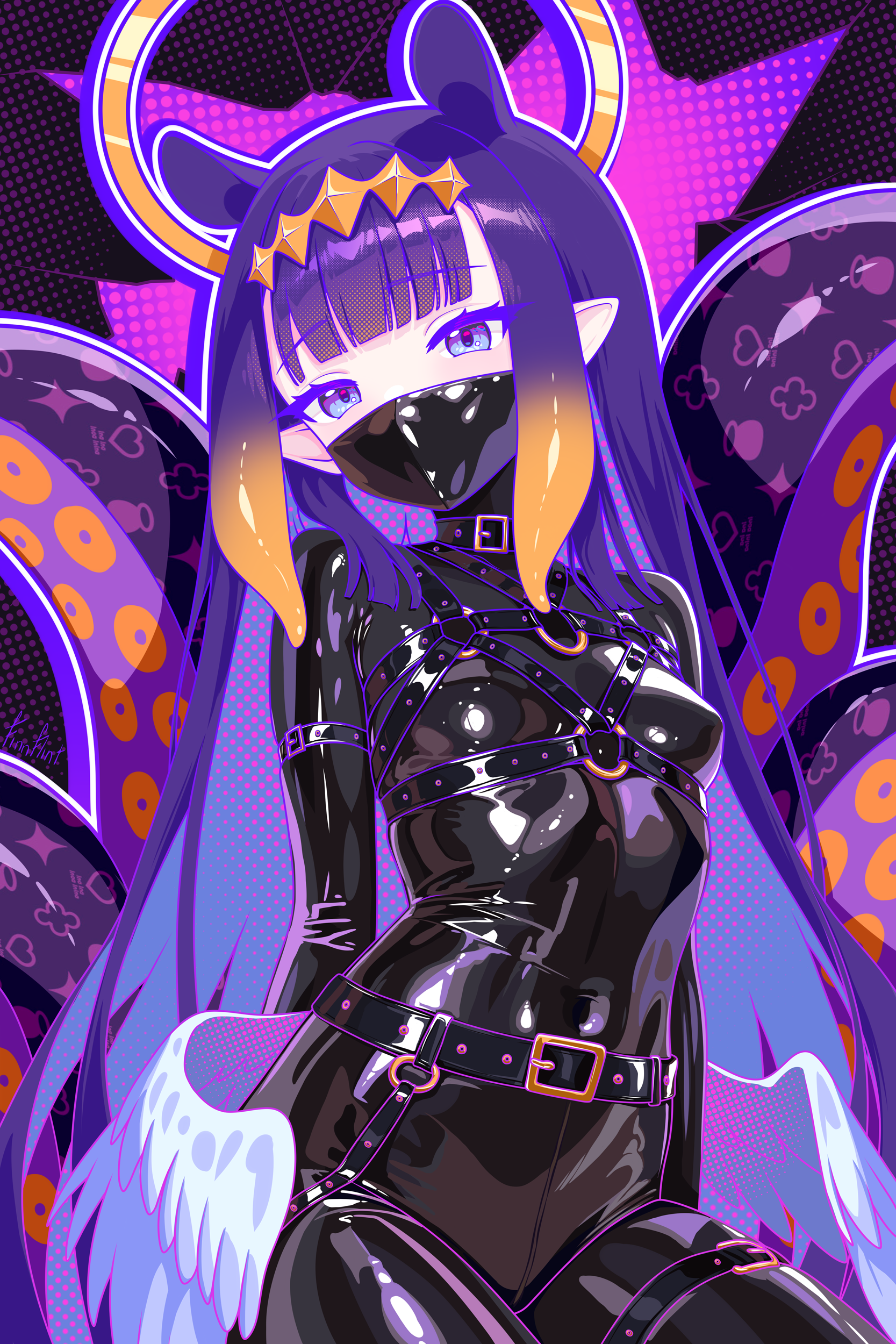 finn flint, ninomae ina'nis, hololive, hololive english, absurdres, highres, 1girl, alternate costume, belt, blue eyes, blunt bangs, bodysuit, breasts, chest harness, diamond hairband, gimp suit, gradient hair, halo, harness, latex, latex bodysuit, long hair, looking at viewer, low wings, mask, mouth mask, multicolored hair, orange hair, pointy ears, purple hair, shiny clothes, sidelocks, small breasts, solo, tentacle hair, tentacles, very long hair, virtual youtuber, wings