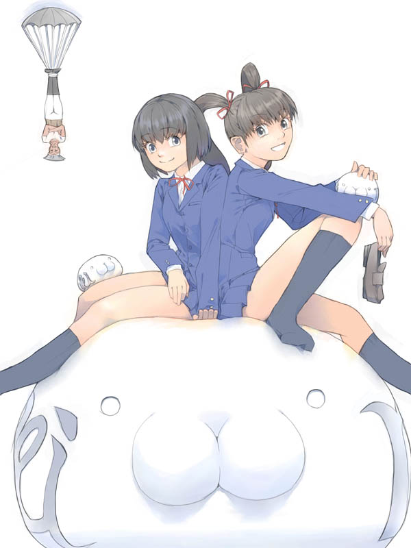 akinbo (hyouka fuyou), akinbo (character), asai nana, original, 2girls, back-to-back, black hair, black socks, blue jacket, blue skirt, creature, full body, grey eyes, hair ribbon, jacket, knee up, kneehighs, loafers, long sleeves, looking at viewer, multiple girls, red ribbon, ribbon, school uniform, serafuku, shirt, shoes, short hair, simple background, skirt, smile, socks, teeth, thighs, twintails, unworn shoes, white background, white shirt