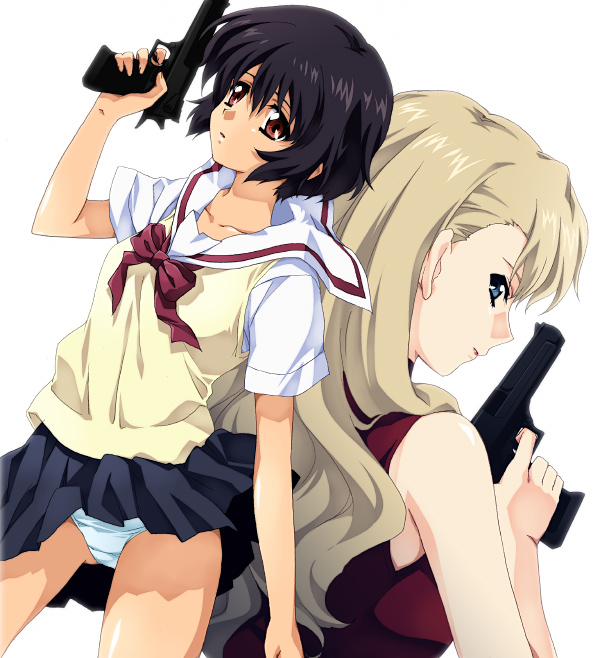saipaco, mireille bouquet, yuumura kirika, noir (anime), 00s, 2girls, back-to-back, black hair, blonde hair, blue eyes, clothes lift, desert eagle, finger on trigger, gun, handgun, long hair, looking back, multiple girls, panties, pistol, red eyes, school uniform, serafuku, short hair, skirt, skirt lift, sleeveless, underwear, weapon, white panties