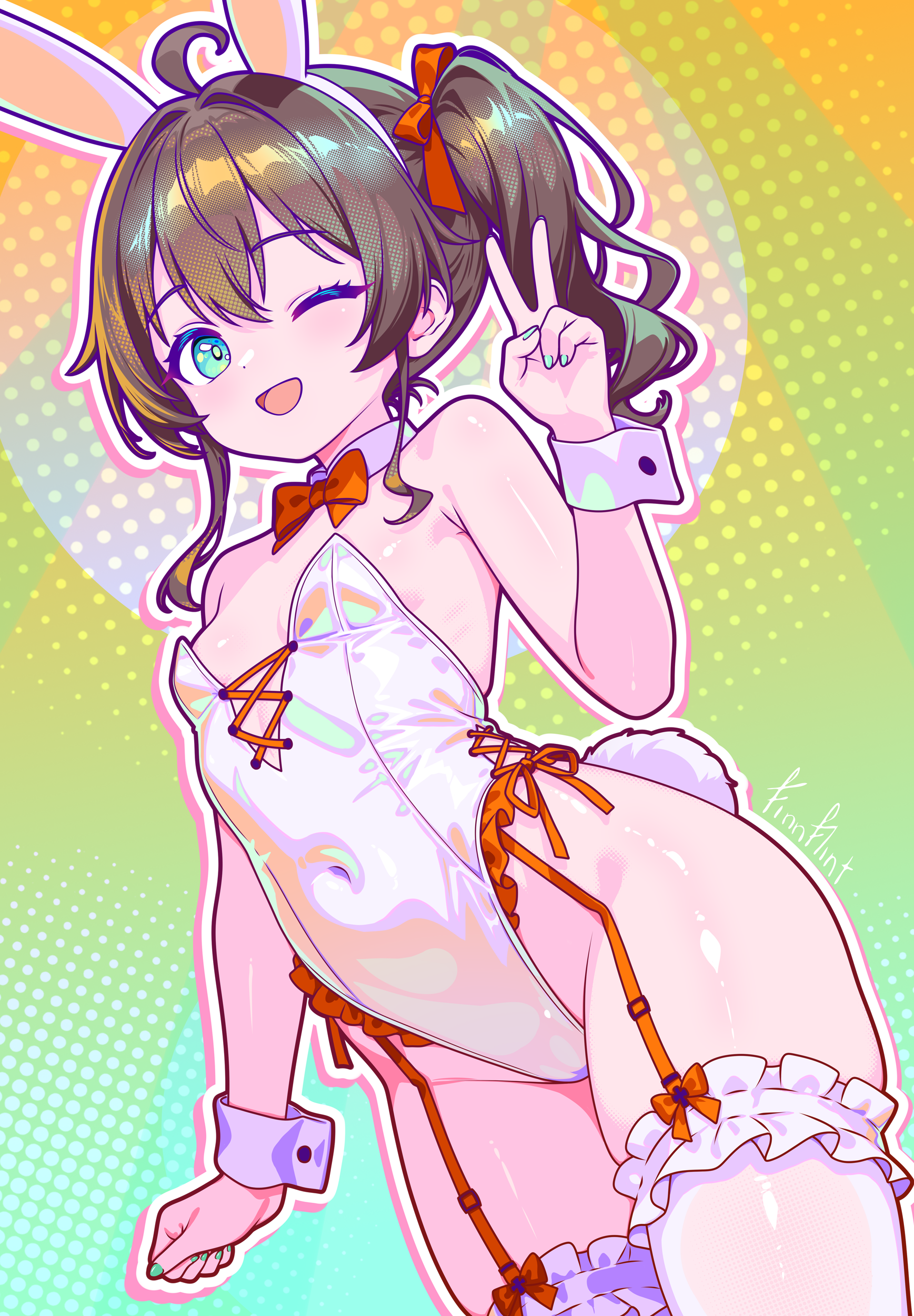 finn flint, natsuiro matsuri, hololive, absurdres, highres, 1girl, ;d, animal ears, aqua eyes, black ribbon, brown hair, covered navel, detached collar, fake animal ears, hair ribbon, leotard, looking at viewer, medium hair, one eye closed, open mouth, playboy bunny, ribbon, side ponytail, smile, solo, standing, strapless, strapless leotard, thighhighs, v, virtual youtuber, white leotard, wrist cuffs