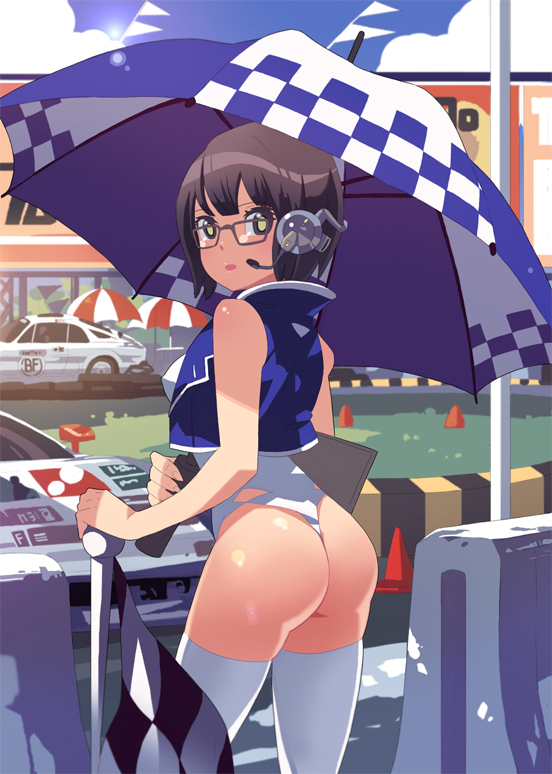 bf. (sogogiching), original, bad id, bad pixiv id, 1girl, ass, brown eyes, brown hair, female focus, glasses, race queen, solo, thighhighs, umbrella