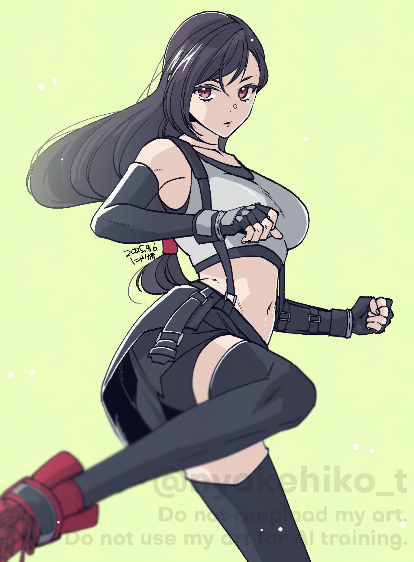 takehide, tifa lockhart, final fantasy, final fantasy vii, final fantasy vii rebirth, final fantasy vii remake, commentary request, highres, 1girl, bare shoulders, bike shorts under skirt, black gloves, black hair, black skirt, black thighhighs, boots, breasts, clenched hands, closed mouth, crop top, dated, elbow gloves, fighting stance, fingerless gloves, foot out of frame, gloves, green background, large breasts, leg up, long hair, looking at viewer, low-tied long hair, midriff, miniskirt, navel, red boots, red eyes, skirt, solo, standing, standing on one leg, suspender skirt, suspenders, tank top, thighhighs, twitter username, white tank top