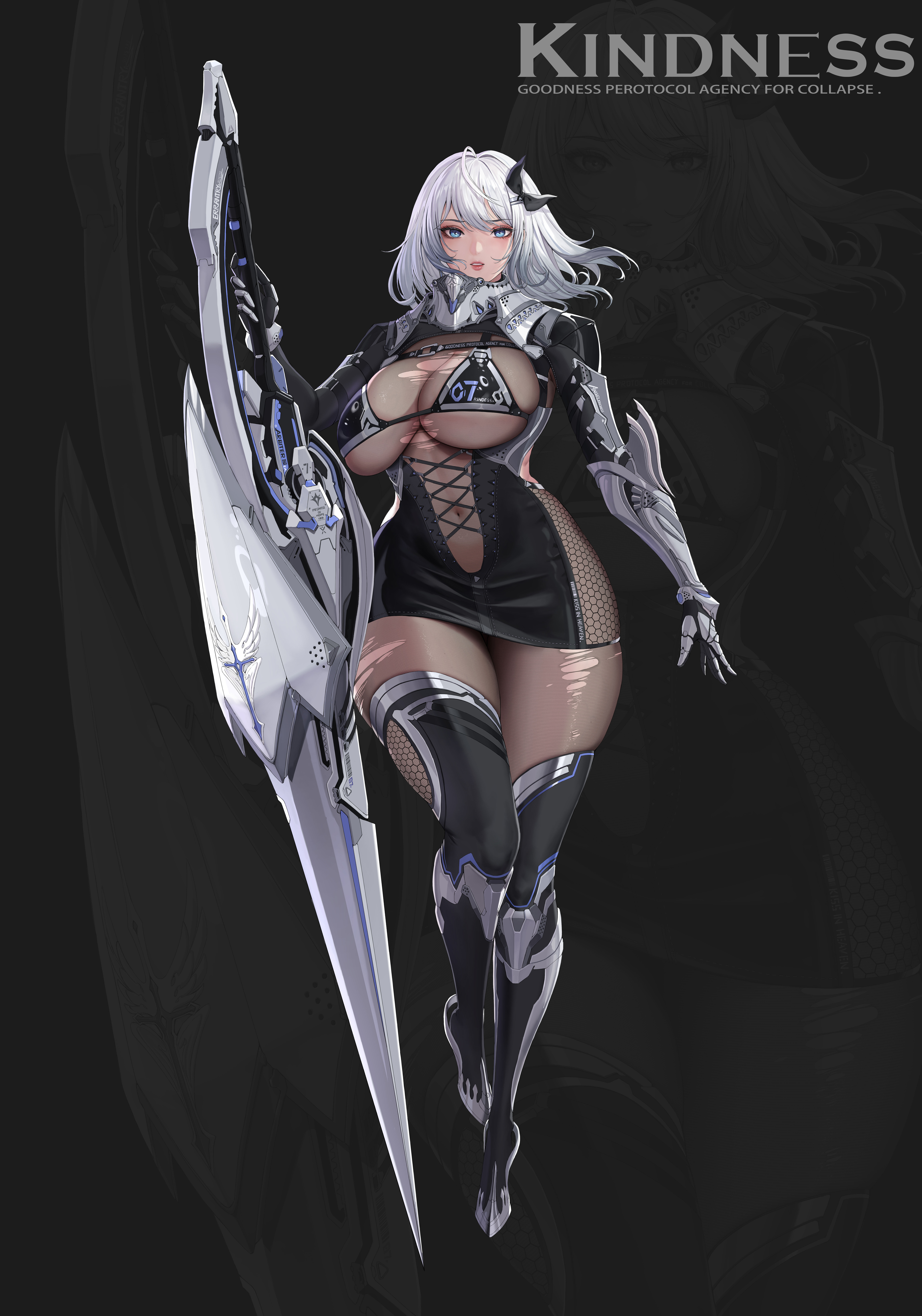 hui z jie, original, absurdres, commentary request, highres, 1girl, black bra, black dress, black thighhighs, bodystocking, bra, breasts, character name, cleavage, dress, full body, holding, holding weapon, large breasts, looking at viewer, mechanical arms, medium hair, microdress, simple background, solo, thighhighs, torn bodystocking, torn clothes, underwear, weapon, white eyes, white hair, zettai ryouiki