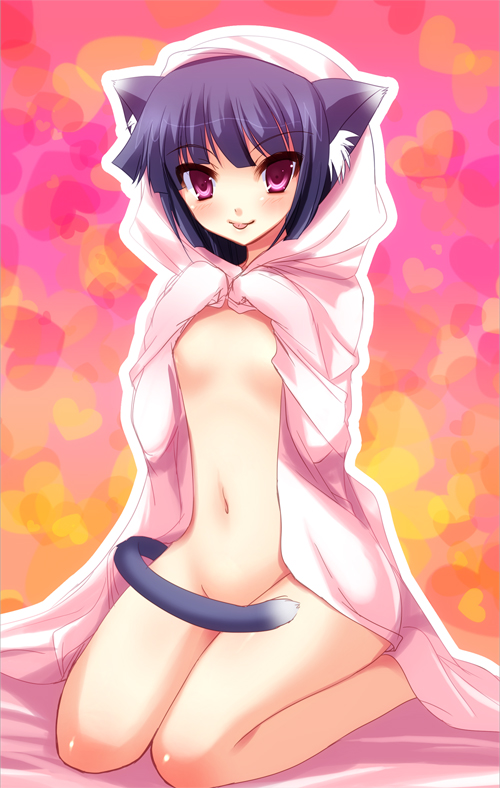 yukizuki chikuba, original, 1girl, :p, animal ears, bed sheet, blanket, blue hair, breasts, cat ears, cat tail, female focus, heart, kneeling, looking at viewer, naked sheet, nude, red eyes, small breasts, solo, tail, tongue, tongue out