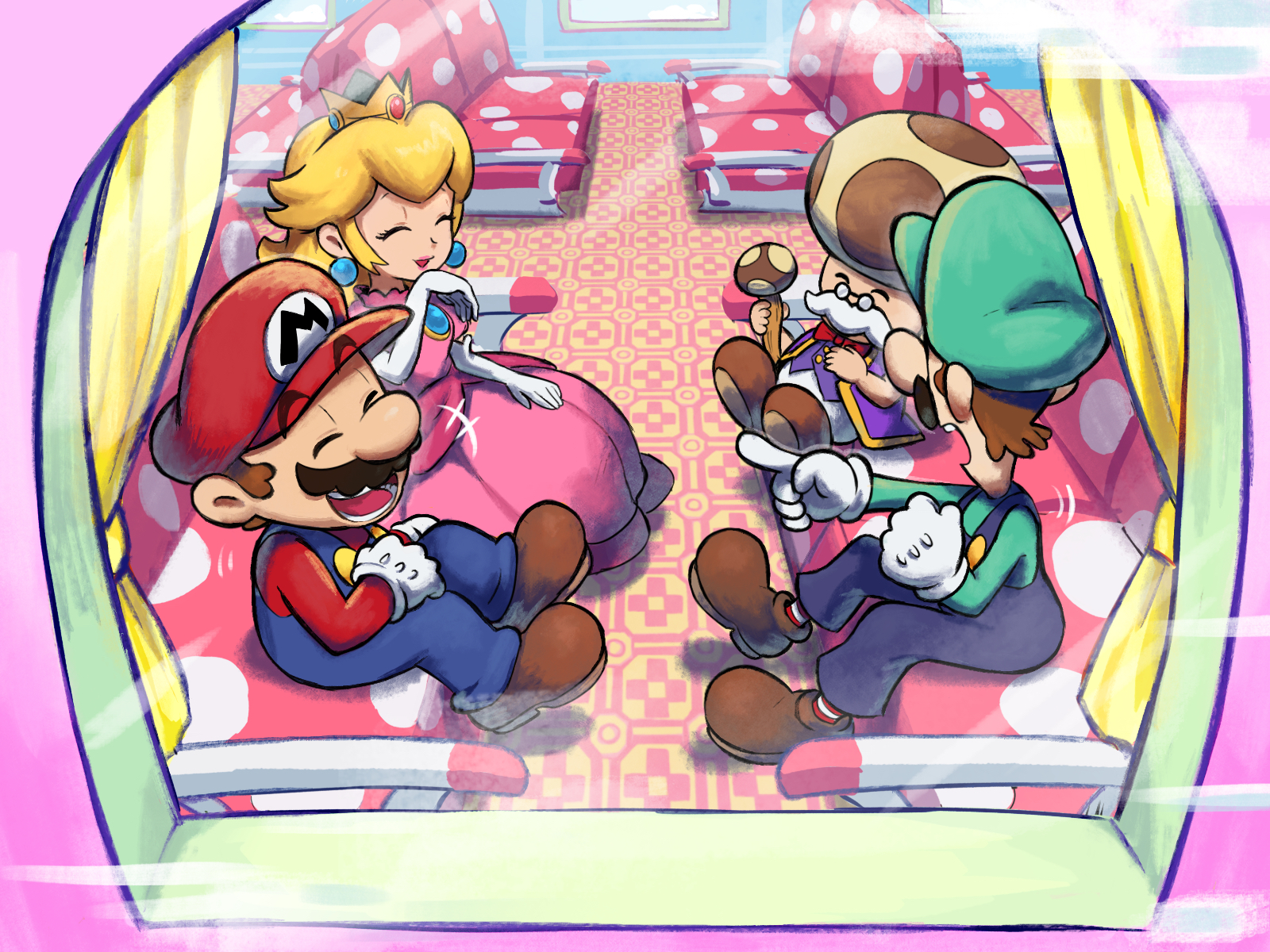 yamari (ya mari 6363), luigi, mario, princess peach, toadsworth, mario & luigi: superstar saga, mario & luigi rpg, mario (series), nintendo, derivative work, highres, screenshot redraw, 1girl, 3boys, blonde hair, blue overalls, brothers, brown hair, closed eyes, crown, dress, earrings, elbow gloves, facial hair, gloves, green shirt, hat, jewelry, long dress, long hair, long sleeves, masanori sato (style), multiple boys, mustache, newsboy cap, official style, open mouth, overalls, pink dress, red shirt, shirt, short hair, siblings, sitting, smile, sphere earrings, white gloves