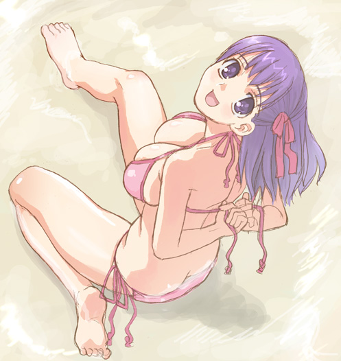 hirose (mokiki), matou sakura, fate/stay night, fate (series), untied, 00s, 1girl, :d, areola slip, back, barefoot, bikini, blush, breasts, butt crack, cleavage, dressing, feet, female focus, from above, hair ribbon, large breasts, long hair, looking up, official alternate costume, open mouth, pink bikini, purple eyes, purple hair, ribbon, side-tie bikini bottom, sideboob, sitting, smile, soles, solo, swimsuit