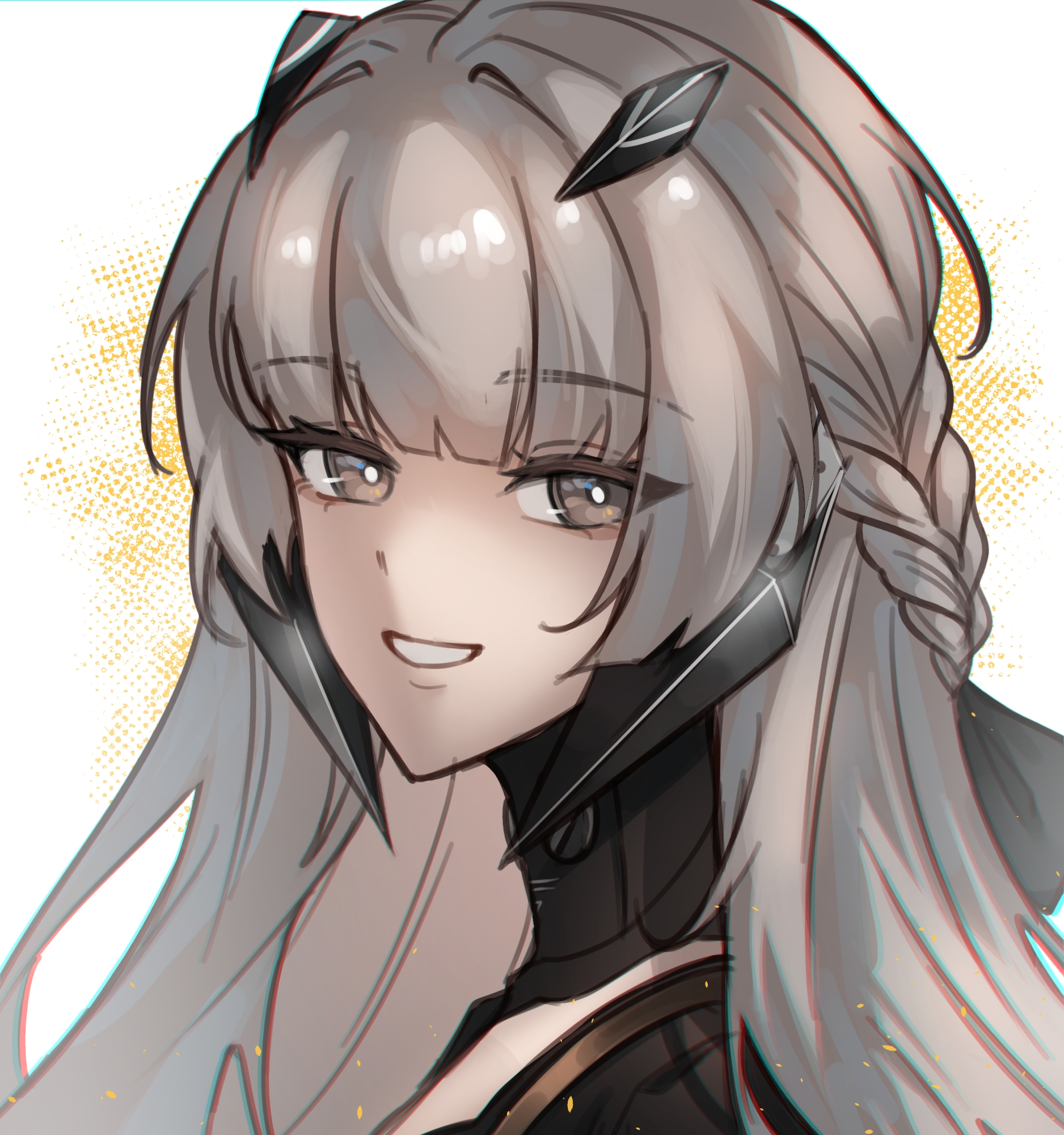 c0ffeenn, nanami: storm (pgr), nanami (pgr), punishing: gray raven, highres, 1girl, black dress, brown eyes, brown hair, dress, grey hair, hair ornament, headgear, long hair, looking at viewer, mechabare, open mouth, smile, solo