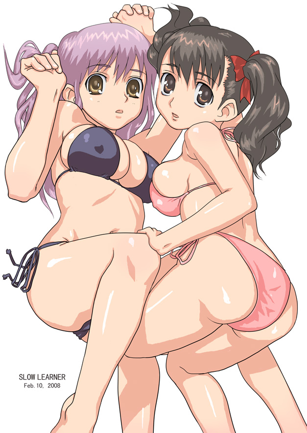 hirose (mokiki), original, 2girls, bikini, black hair, breasts, brown eyes, holding hands, large breasts, multiple girls, purple hair, side-tie bikini bottom, swimsuit, yuri