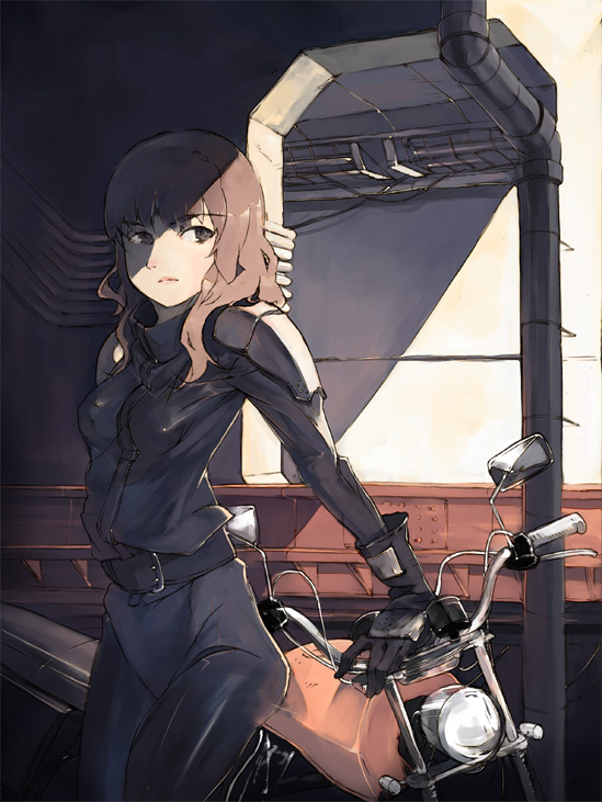 kitano yuusuke, kirima nagi, boogiepop, boogiepop phantom, vehicle, 00s, 1girl, belt, black eyes, brown hair, female focus, gloves, long hair, motor vehicle, motorcycle, solo