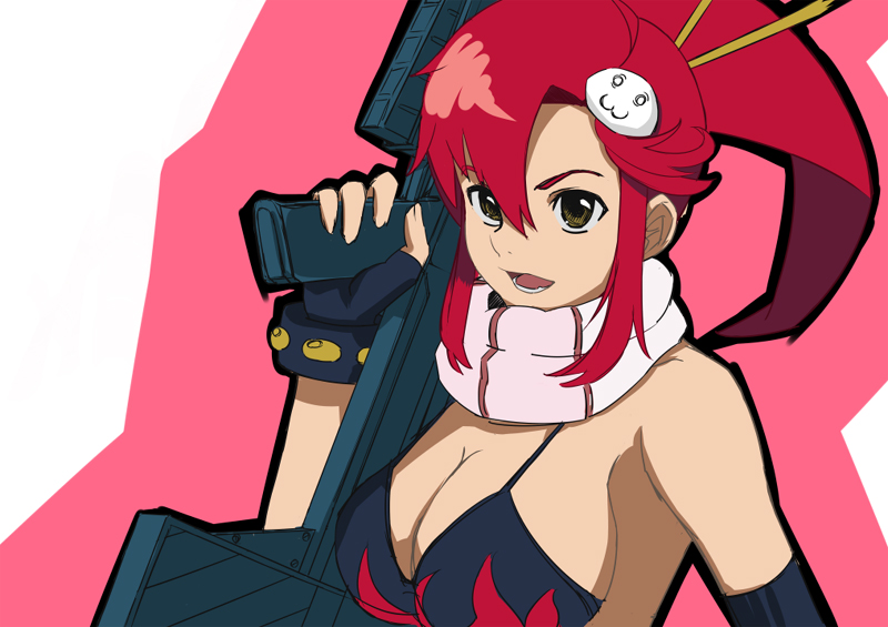 roony, yoko littner, tengen toppa gurren lagann, 00s, 1girl, :3, :d, anti-materiel rifle, asymmetric gloves, asymmetrical gloves, bikini, black bikini, bra, breasts, brown eyes, cleavage, female focus, fingerless gloves, flame print, gloves, gun, hair between eyes, hair ornament, hair stick, holding, holding gun, holding weapon, large breasts, lingerie, long hair, open mouth, ponytail, red hair, rifle, scarf, shorts, smile, sniper rifle, solo, striped clothes, striped scarf, swimsuit, underwear, uneven gloves, upper body, weapon, yellow eyes