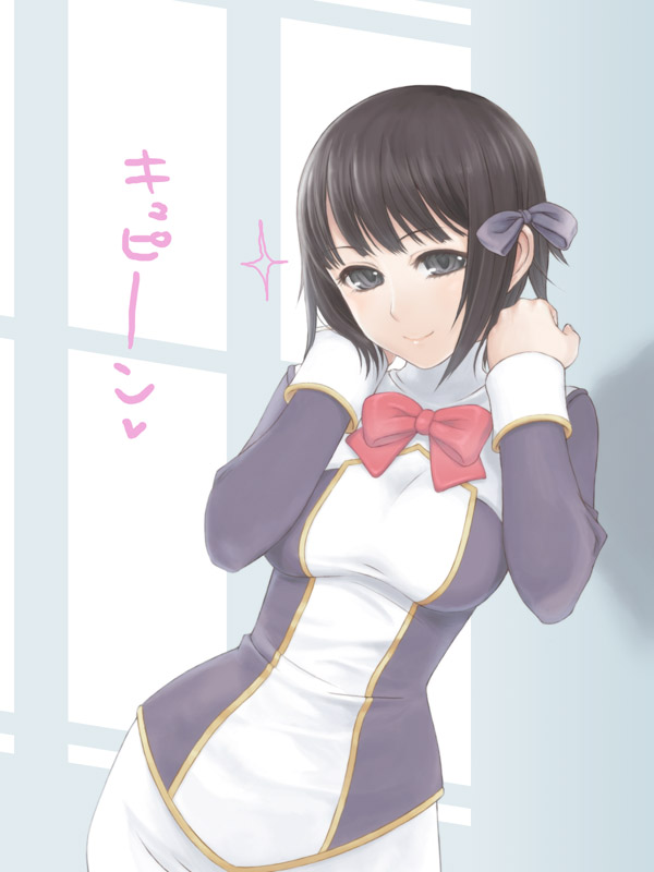 takanashi, 1girl, black hair, bow, female focus, hair bow, heart, smile, solo