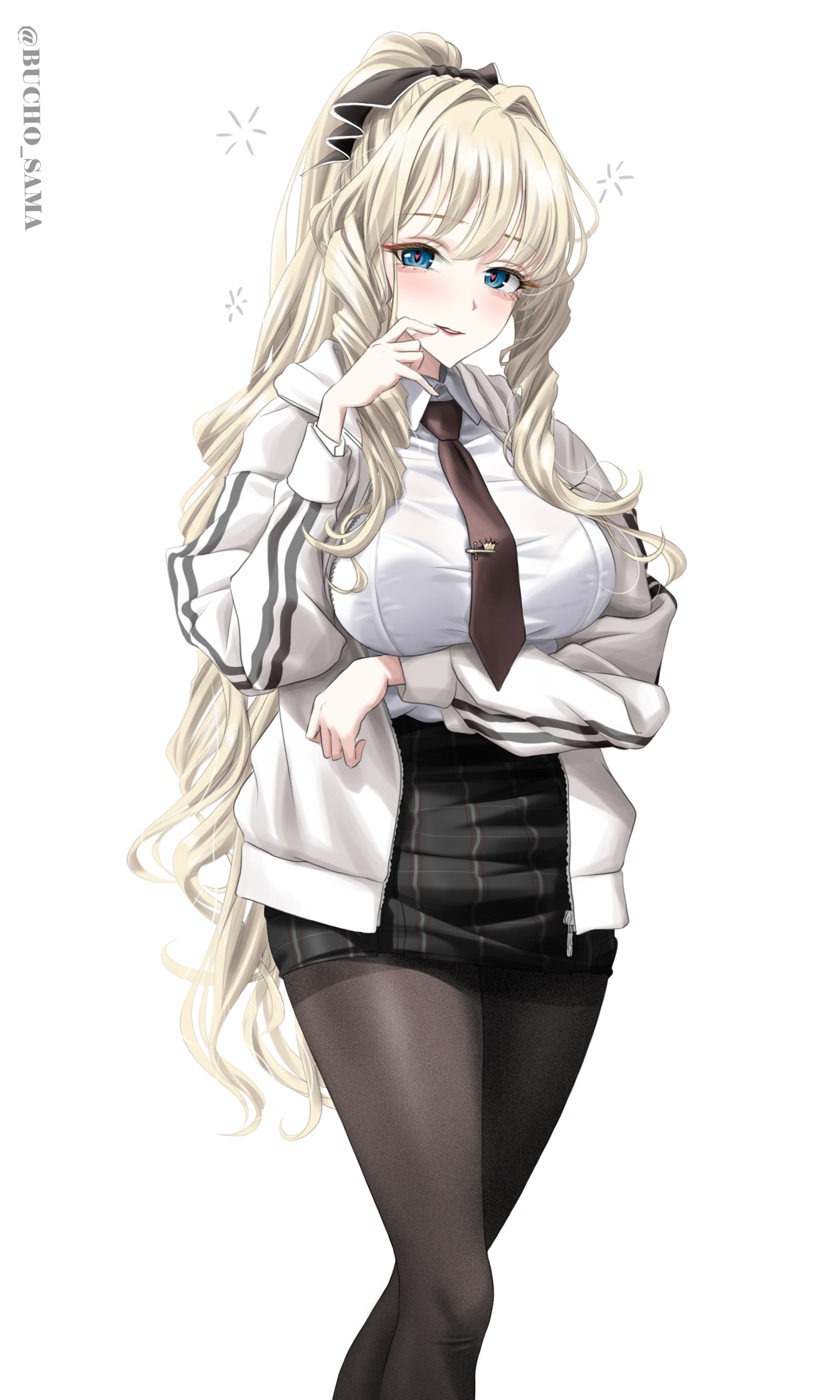 bucho sama, crown (nikke), goddess of victory: nikke, absurdres, highres, 1girl, alternate costume, blonde hair, blue eyes, blush, breasts, crown, drill hair, large breasts, long hair, long sleeves, looking at viewer, school uniform, shirt, smile, solo, too many drills, very long hair, white shirt