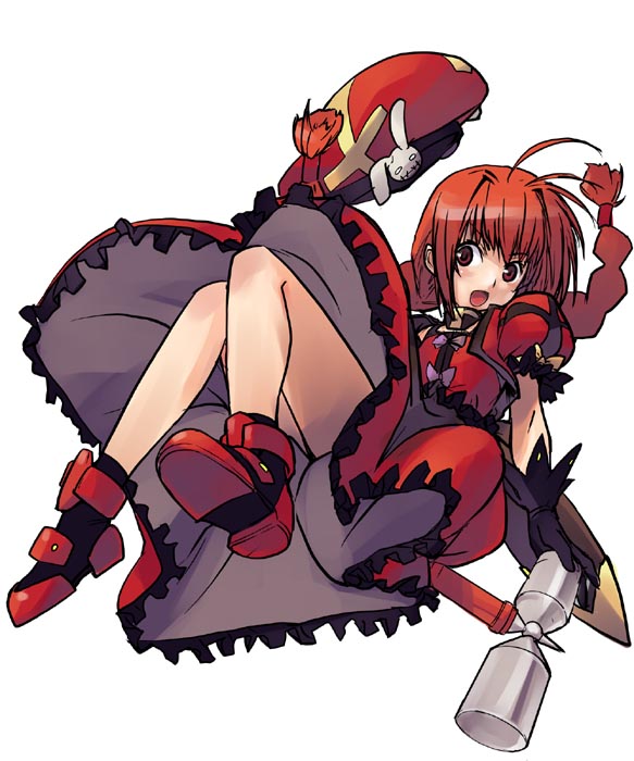 koma (qqq111), graf eisen, vita (nanoha), lyrical nanoha, mahou shoujo lyrical nanoha, mahou shoujo lyrical nanoha a's, bad id, bad pixiv id, 00s, 1girl, ahoge, bare legs, beret, blush, braid, female focus, hammer, hat, holding, holding weapon, long hair, looking at viewer, puffy short sleeves, puffy sleeves, red eyes, short sleeves, solo, thighs, twin braids, very long hair, weapon
