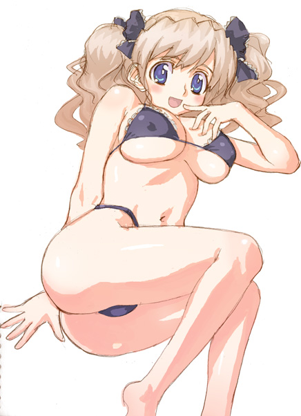 hirose (mokiki), original, bikini, blue eyes, breasts, brown hair, curly hair, large breasts, lying, on side, solo, swimsuit, twintails
