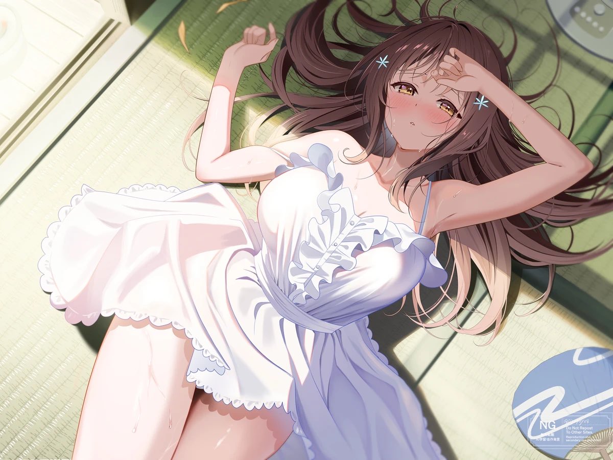 piyopoyo, original, 1girl, bare shoulders, blush, breasts, brown eyes, brown hair, cleavage, collarbone, dress, hair ornament, hand fan, large breasts, long hair, lying, on back, parted lips, sleeveless, sleeveless dress, solo, sundress, sweat, tatami, thighs, wet, white dress