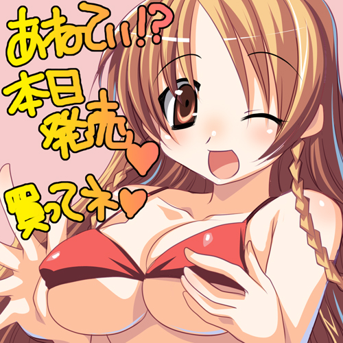 rapapuru, tajima yoshikazu, tsukishima otoha, anetea!?, lowres, 1girl, bikini, bikini top only, braid, breasts, brown eyes, brown hair, female focus, large breasts, long hair, one eye closed, solo, swimsuit, underboob, wink