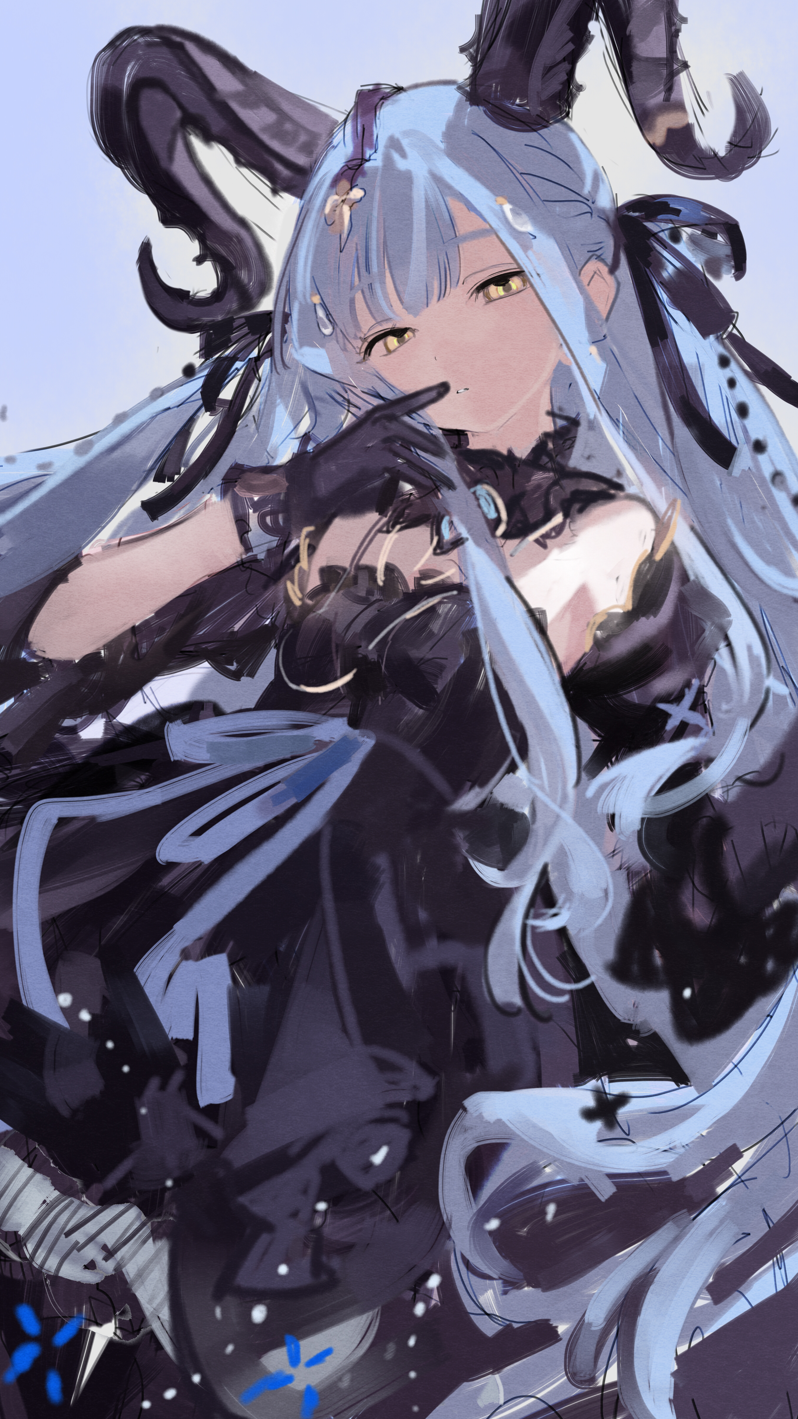 xiao chichi, togawa sakiko, arknights, bang dream!, bang dream! it's mygo!!!!!, absurdres, chinese commentary, commentary request, highres, 1girl, black dress, black gloves, black ribbon, blue background, blue hair, dress, gloves, hair ribbon, horns, long hair, looking at viewer, parted lips, ribbon, solo, togawa sakiko (master of melodia)