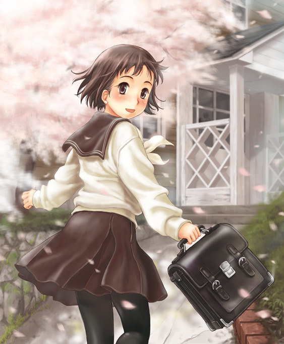simon (kappa no kawanagare), original, tagme, cherry blossoms, pantyhose, school uniform, serafuku, short hair, solo