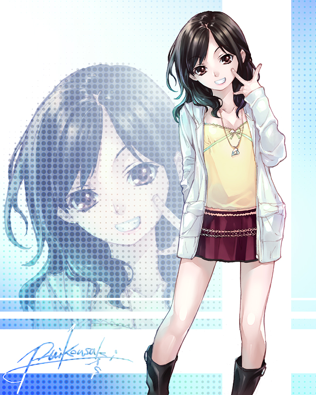 kousaki rui, original, boots, brown hair, fashion, jewelry, long hair, miniskirt, necklace, skirt, solo, standing, zoom layer