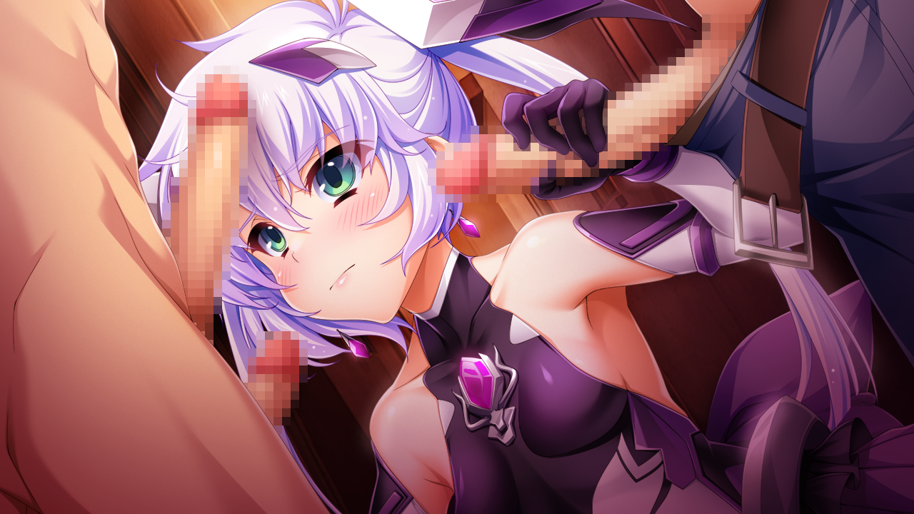 kamitsurugi ouka, exs-tia luna, sugahara touka, kouyoku senki exs-tia concert, game cg, large variant set, non-web source, official art, variant set, 1girl, 3boys, armpits, belt, belt buckle, black gloves, blush, breasts, brown belt, buckle, censored, chest jewel, closed mouth, clothed female nude male, collarbone, crack, detached sleeves, dutch angle, earrings, elbow gloves, floating hair, gangbang, gloved handjob, gloves, green eyes, group sex, hair between eyes, hair ornament, handjob, headgear, hetero, imminent fellatio, indoors, jewelry, leotard, long hair, magical girl, mosaic censoring, multiple boys, nude, pants, penis, purple gloves, shiny clothes, sleeveless, small breasts, solo focus, torn clothes, torn leotard, twintails, very long hair, white hair