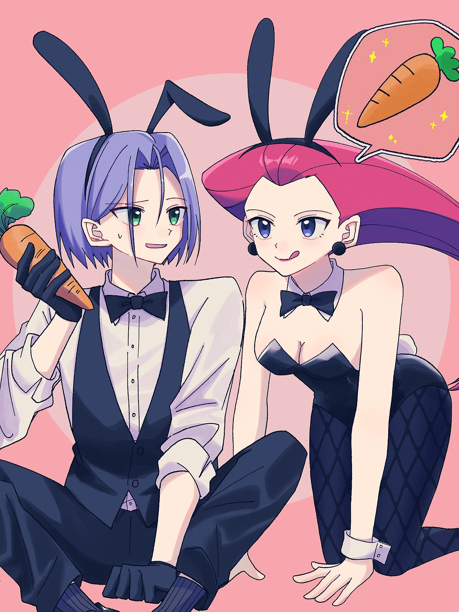 yunyun n23, james (pokemon), jessie (pokemon), nintendo, pokemon, pokemon (anime), pokemon (classic anime), highres, 1boy, animal ears, blue hair, bow, bowtie, carrot, fishnet pantyhose, fishnets, formal clothes, green eyes, kneeling, leotard, pantyhose, pink background, playboy bunny, rabbit ears, red hair, sitting, suit, team rocket, worried
