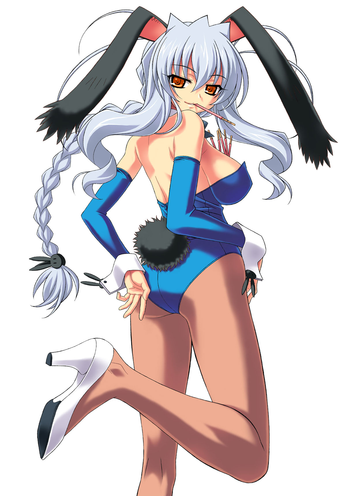 ngo (ngo dandelion), original, highres, 1girl, animal ears, between breasts, breasts, fake animal ears, female focus, food, large breasts, leotard, long legs, pantyhose, playboy bunny, pocky, rabbit ears, sideboob, solo