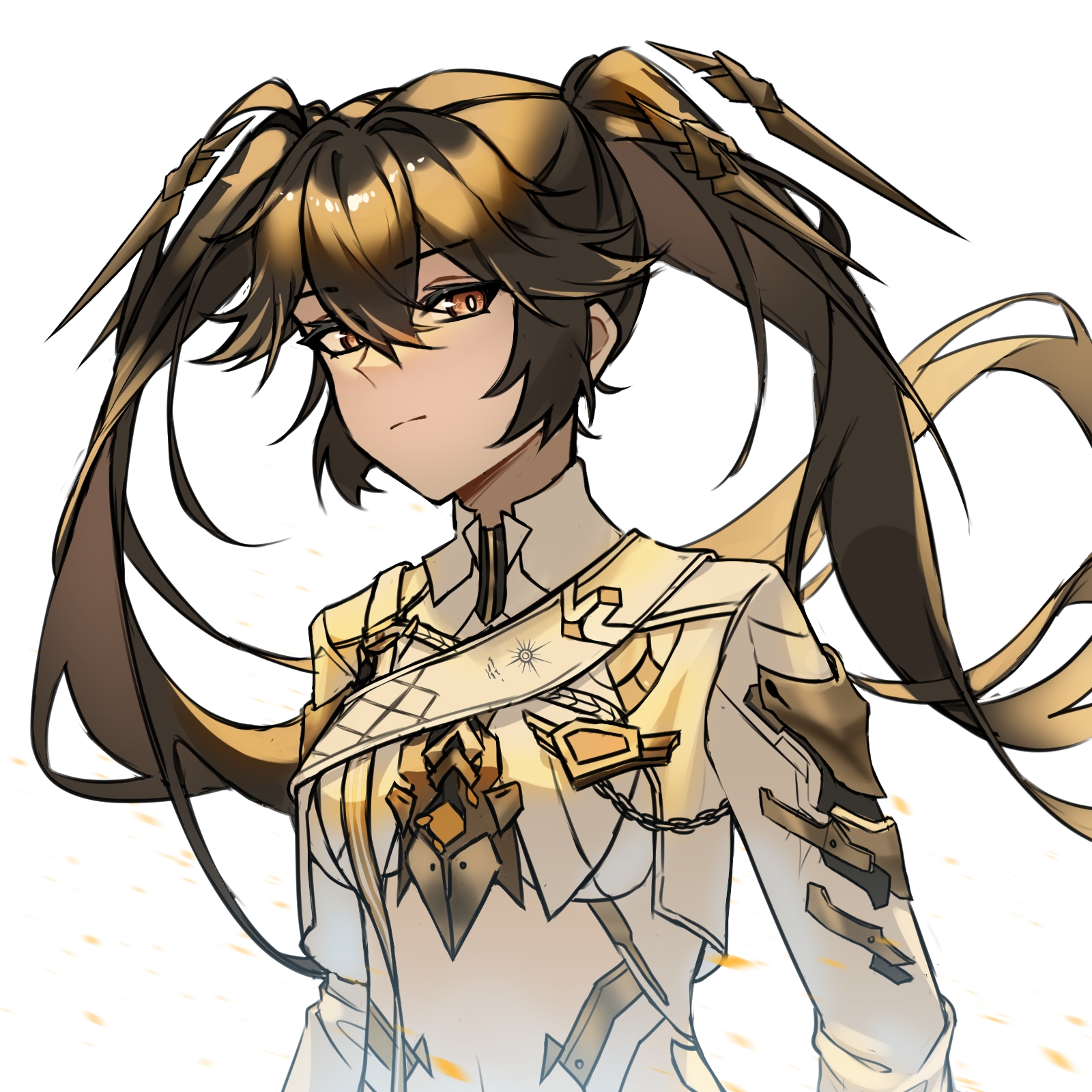 c0ffeenn, lucia: pyroath (pgr), lucia (pgr), punishing: gray raven, highres, 1girl, black hair, breasts, floating headgear, hair between eyes, hair ornament, headgear, jacket, jewelry, long hair, midriff, red eyes, sidelocks, small breasts, solo, twintails, very long hair, white jacket