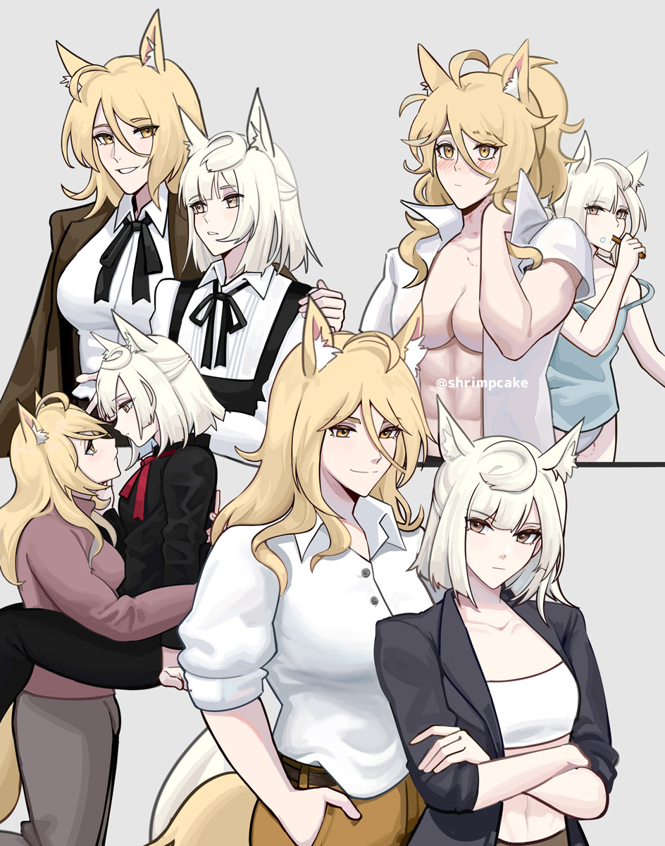 supershrimpcakes, nearl (arknights), platinum (arknights), arknights, highres, 2girls, ahoge, alternate costume, animal ears, bandeau, black jacket, black ribbon, black shirt, blonde hair, blush, eye contact, grey pants, hair between eyes, jacket, long hair, looking at another, midriff, multiple girls, multiple views, navel, neck ribbon, open clothes, open jacket, open shirt, pants, ribbon, shirt, short sleeves, spaghetti strap, strap slip, strapless, tube top, white hair, white shirt, white tube top, yellow eyes