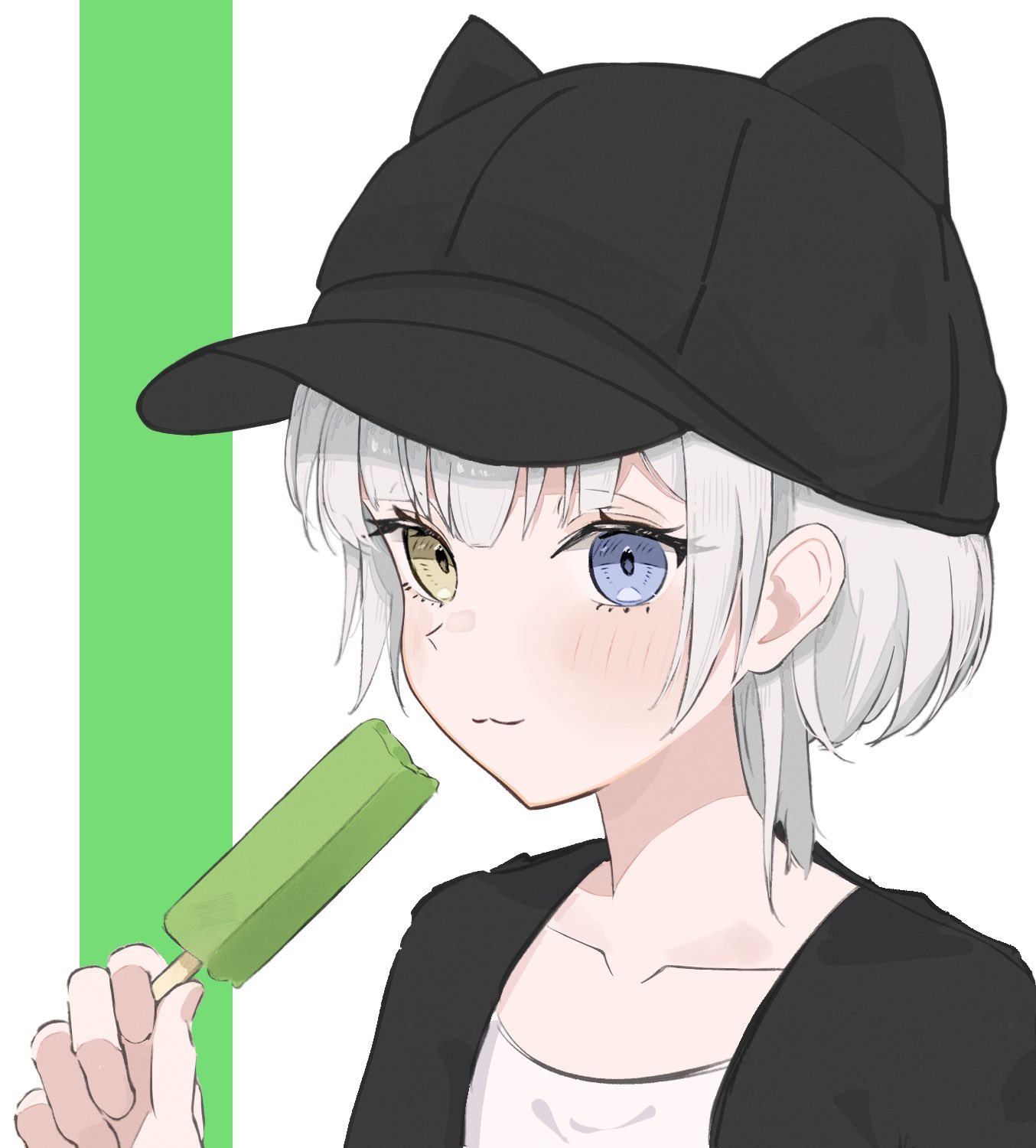 opuricheri, kaname raana, bang dream!, bang dream! it's mygo!!!!!, commentary request, highres, 1girl, :3, animal ear headwear, animal ears, blue eyes, blush, cat ears, closed mouth, eating, fake animal ears, food, heterochromia, holding, holding food, holding popsicle, popsicle, raana the cat, short hair, simple background, solo, upper body, white background, white hair, yellow eyes