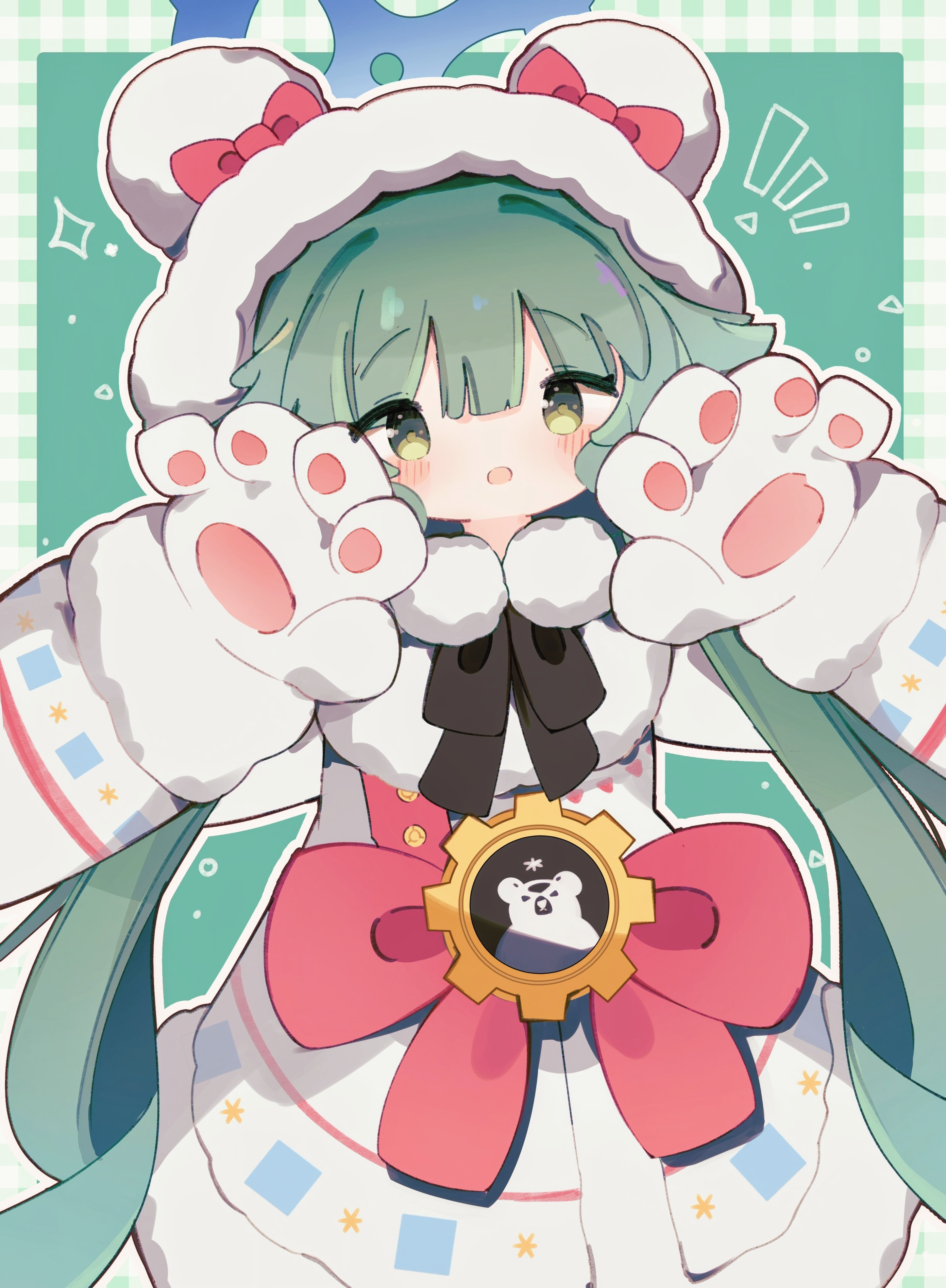 user wyxr8822, momiji (blue archive), blue archive, absurdres, highres, 1girl, animal hood, bear hood, blue halo, blush, coat, coat dress, dress, fur-trimmed coat, fur-trimmed hood, fur trim, gloves, green eyes, green hair, halo, hood, hood up, hooded coat, long hair, looking at viewer, open mouth, prefect team (blue archive), simple background, solo, white gloves